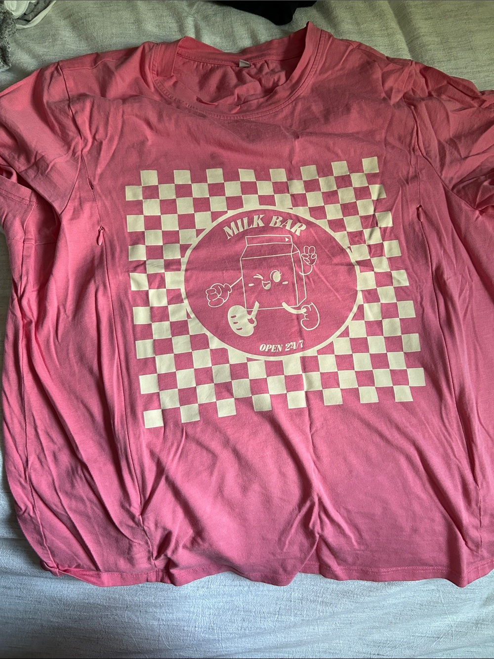 Pink Graphic Tee with Checkerboard Milk Bar Design - side zipper for nursing